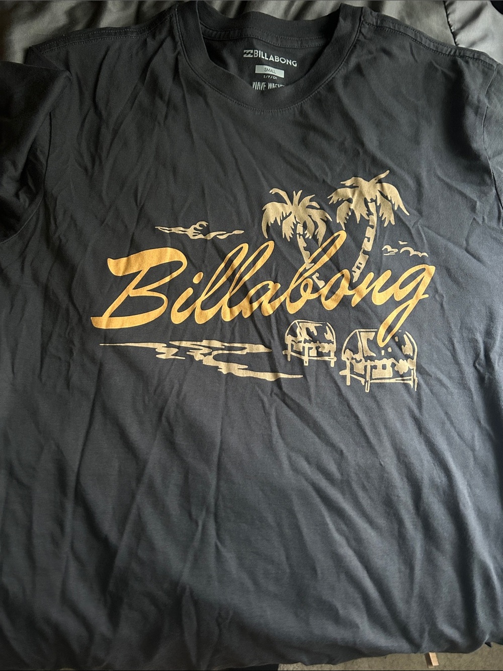 Billabong Black Short Sleeve Tee with Gold Script & Palm Graphic
